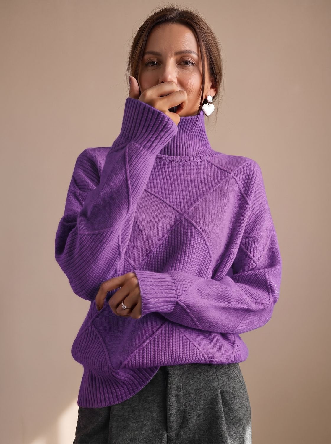 Women's Diamond Knit Turtleneck Relaxed Sweater