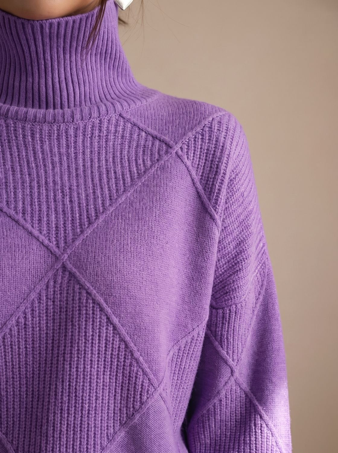 Pull décontracté à col roulé en maille à losanges pour femme