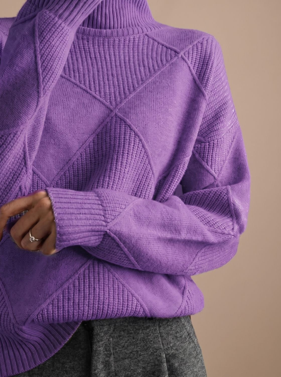 Pull décontracté à col roulé en maille à losanges pour femme