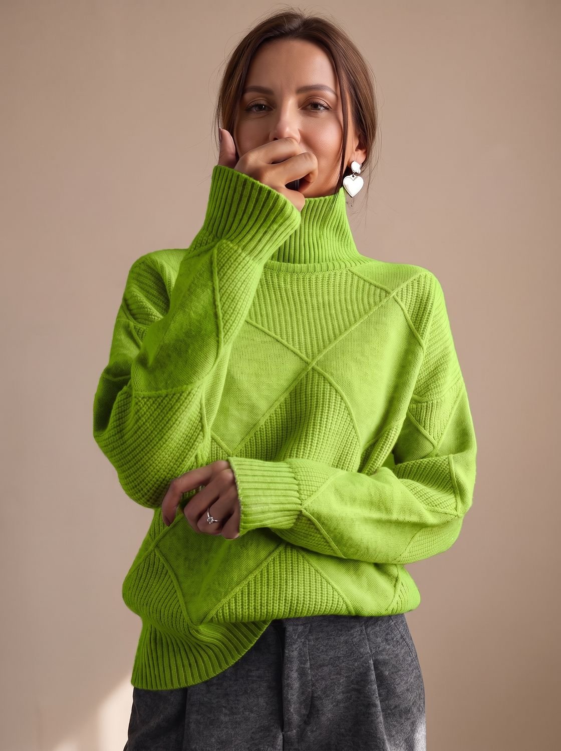 Women's Diamond Knit Turtleneck Relaxed Sweater