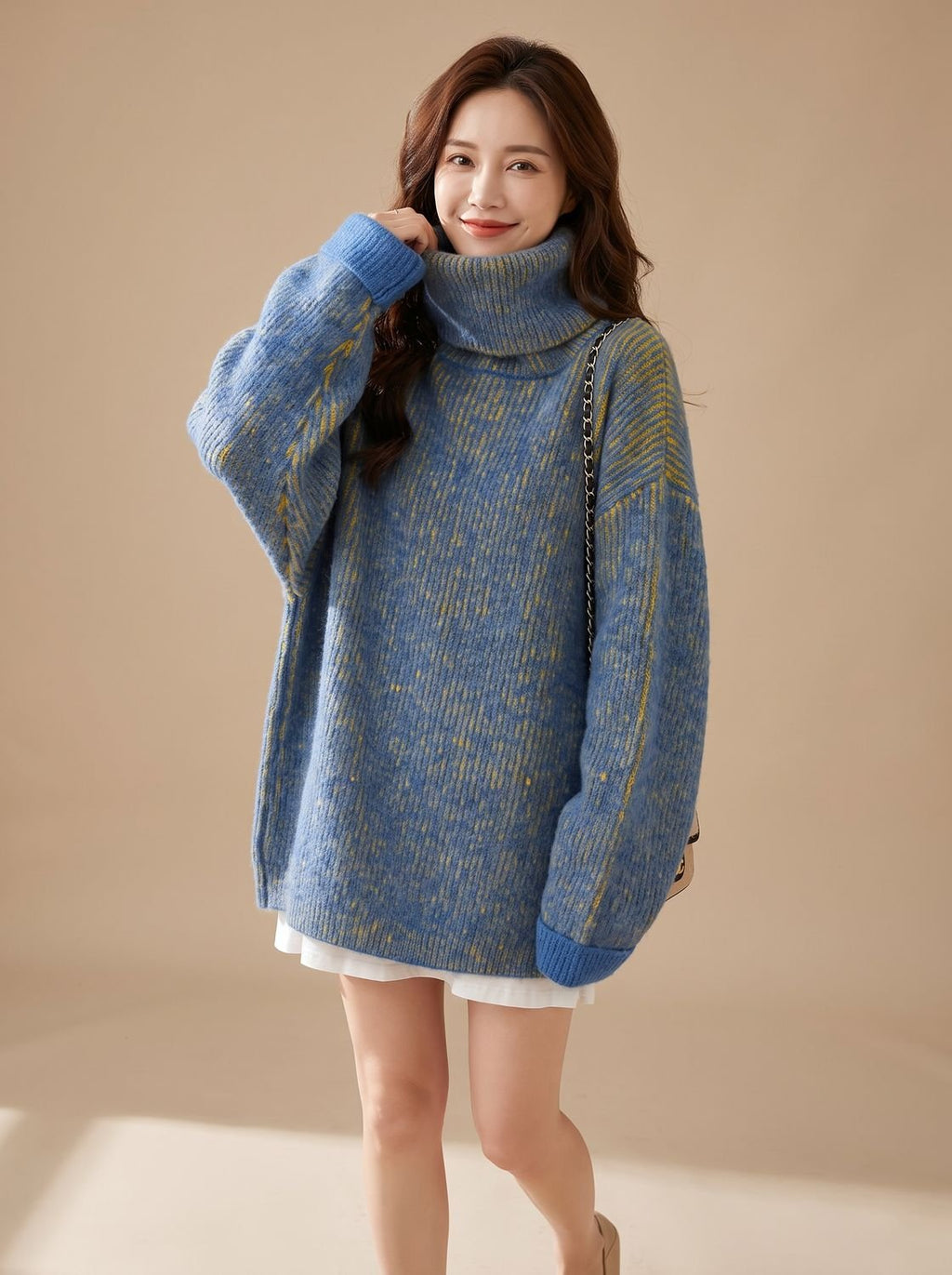 Women's Oversized Speckled Knit Turtleneck Sweater