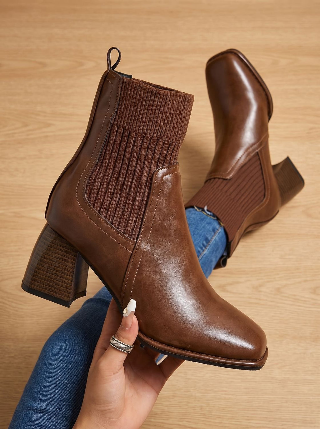 Women's square toe ankle boots with ribbed knit panels and block heels