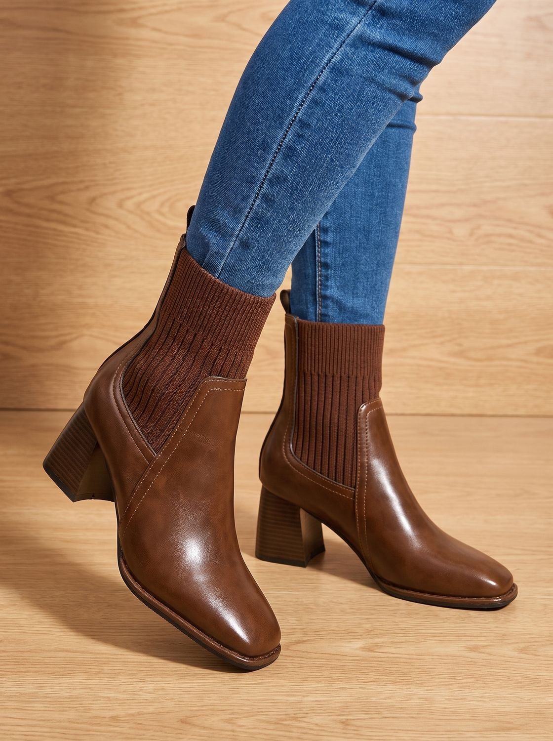 Women's square toe ankle boots with ribbed knit panels and block heels