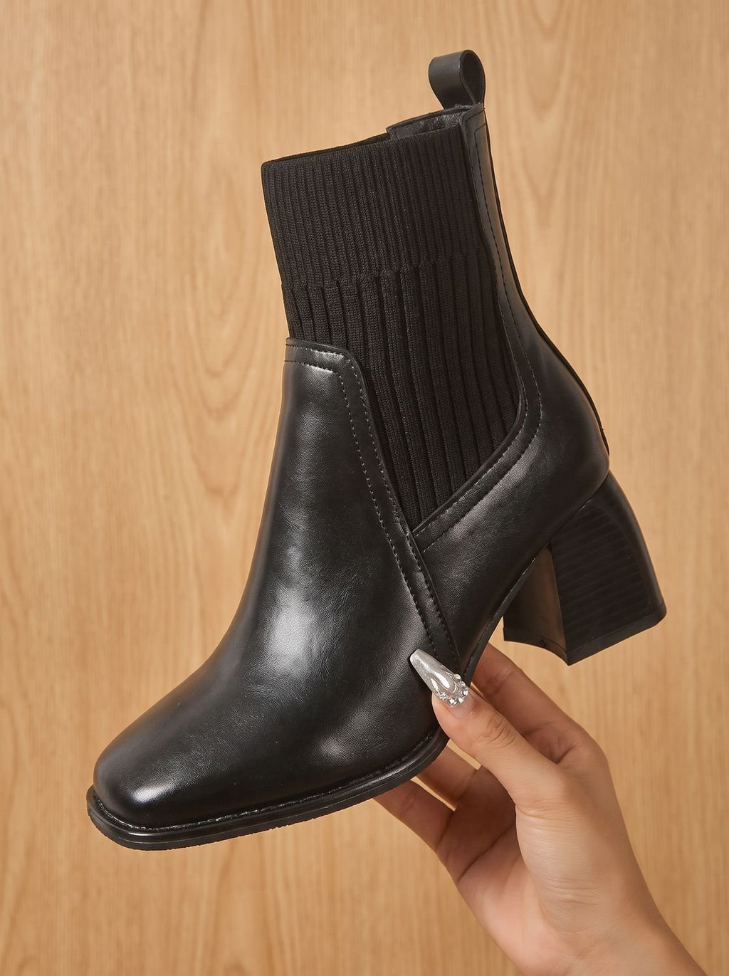 Women's square toe ankle boots with ribbed knit panels and block heels