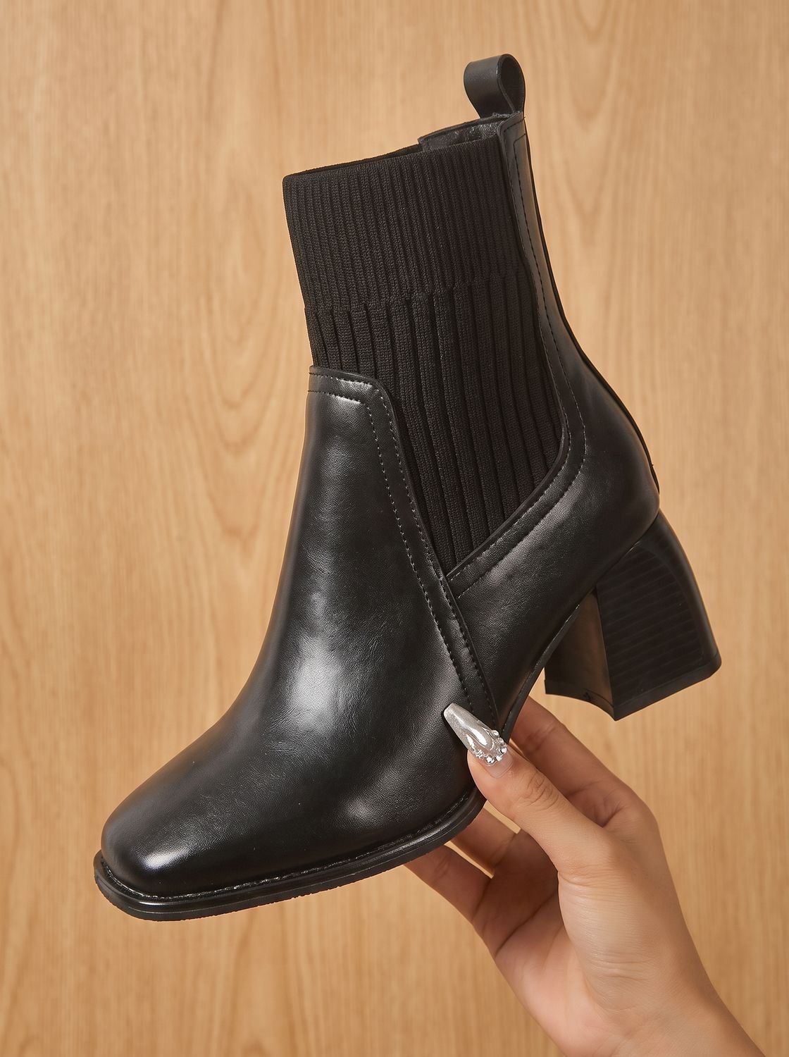 Women's square toe ankle boots with ribbed knit panels and block heels