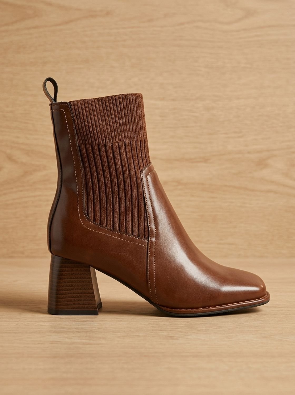 Women's square toe ankle boots with ribbed knit panels and block heels