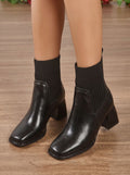 Women's square toe ankle boots with ribbed knit panels and block heels