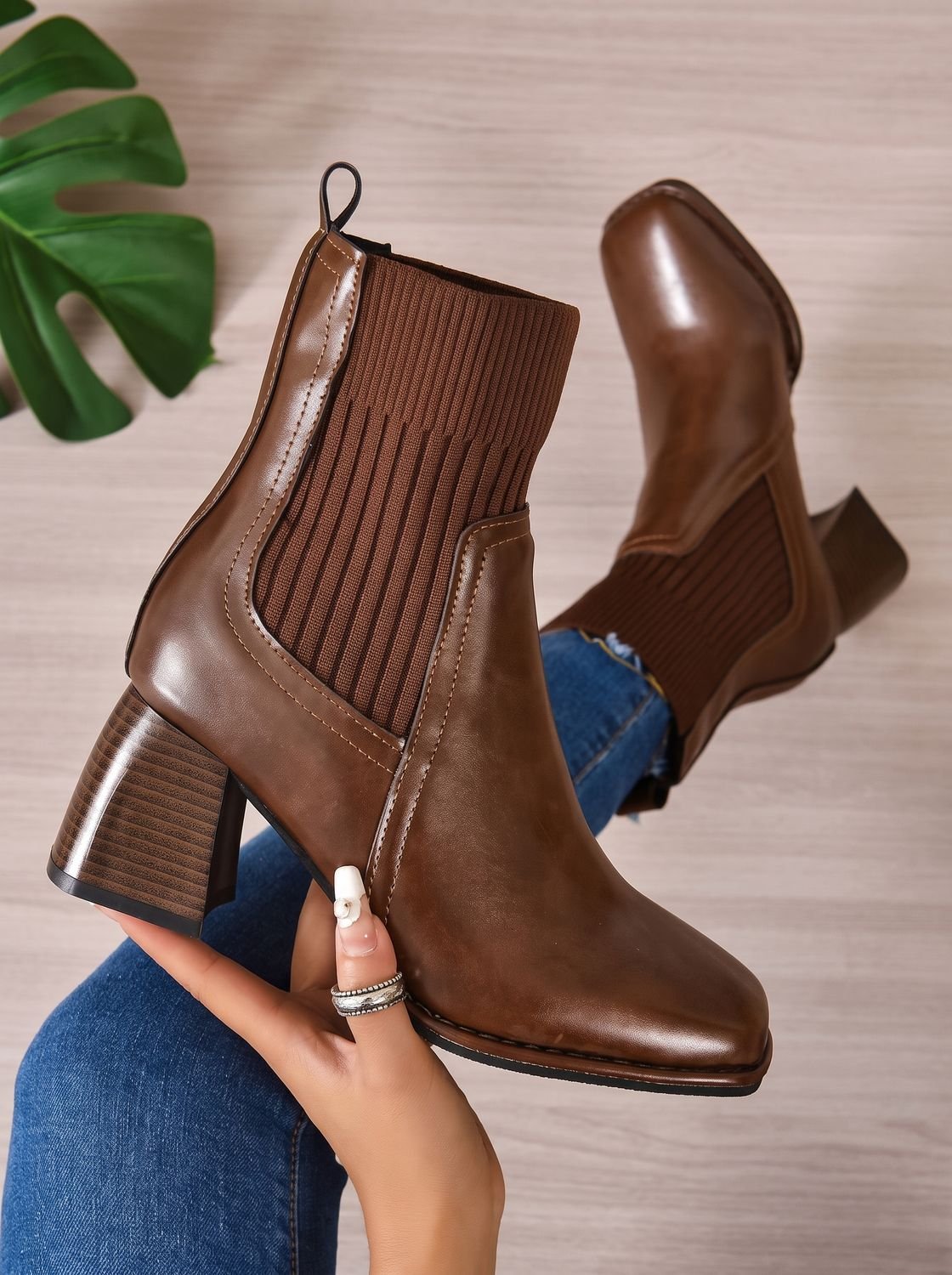 Women's square toe ankle boots with ribbed knit panels and block heels
