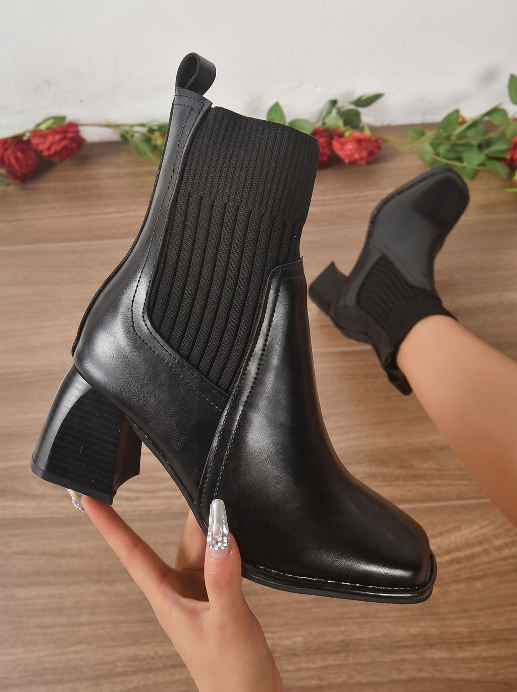 Women's square toe ankle boots with ribbed knit panels and block heels