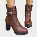 Women's lace-up ankle boots with buckle strap, high block heel and lugged sole