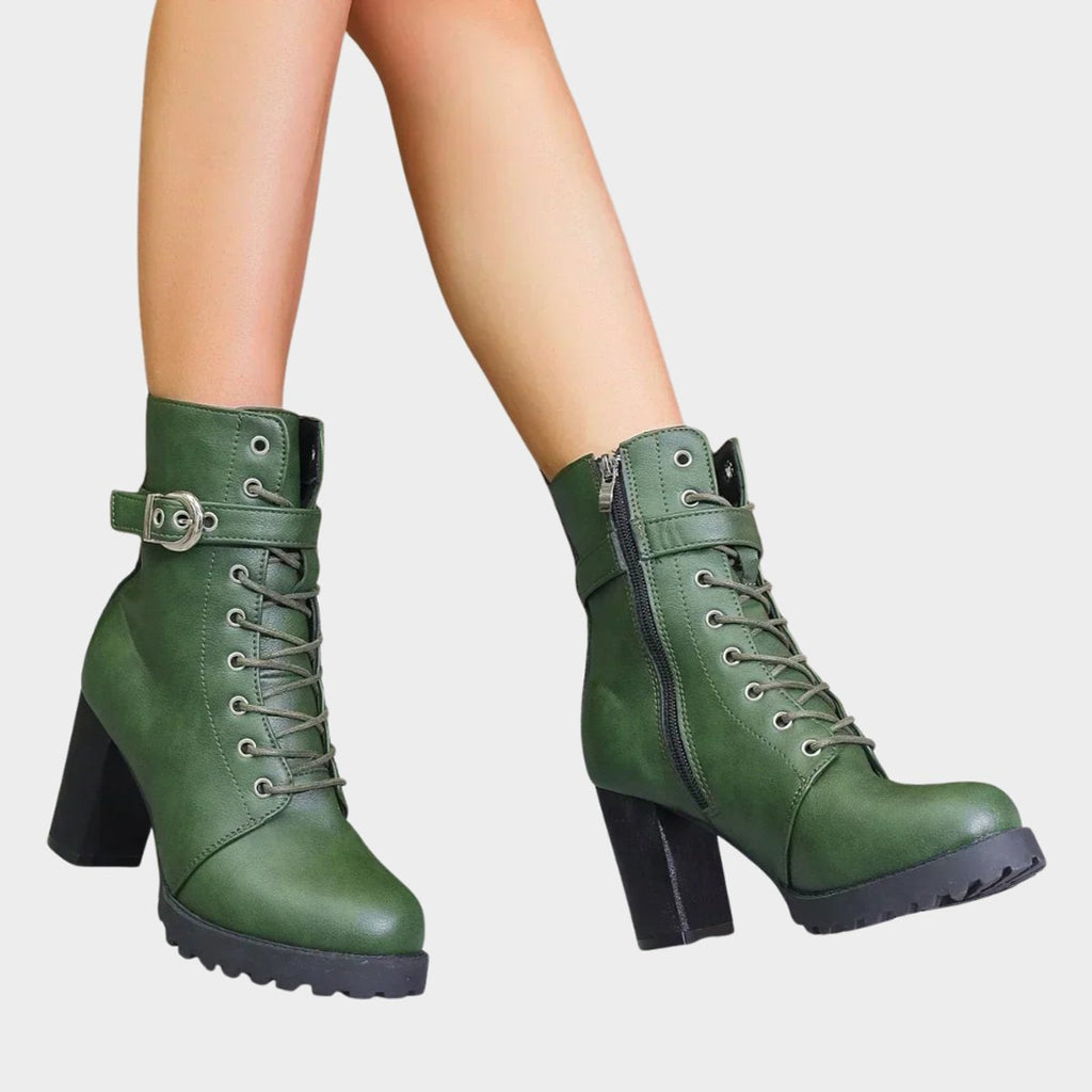 Women's lace-up ankle boots with buckle strap, high block heel and lugged sole