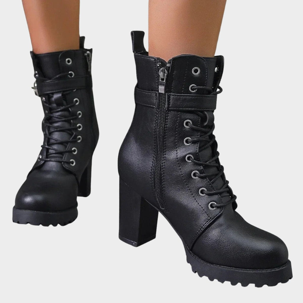 Women's lace-up ankle boots with buckle strap, high block heel and lugged sole