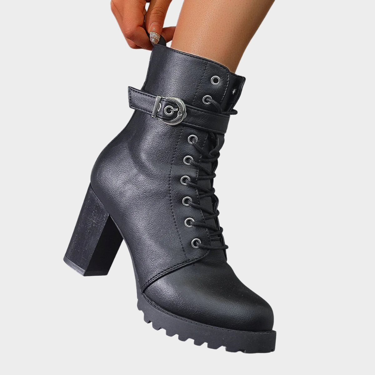 Women's lace-up ankle boots with buckle strap, high block heel and lugged sole