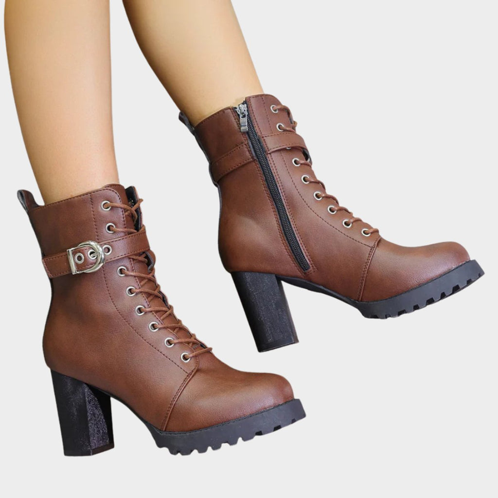Women's lace-up ankle boots with buckle strap, high block heel and lugged sole
