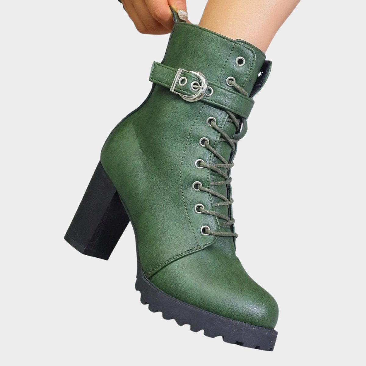 Women's lace-up ankle boots with buckle strap, high block heel and lugged sole