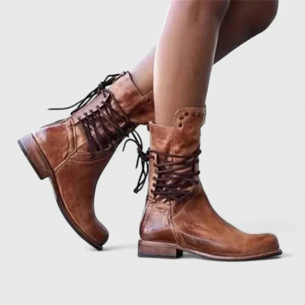 Women’s Vintage Distressed Leather-Look Lace-Back Mid-Calf Boots
