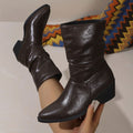 Women's slouchy western ankle boots with pointed toes, ruched shafts and low block heels