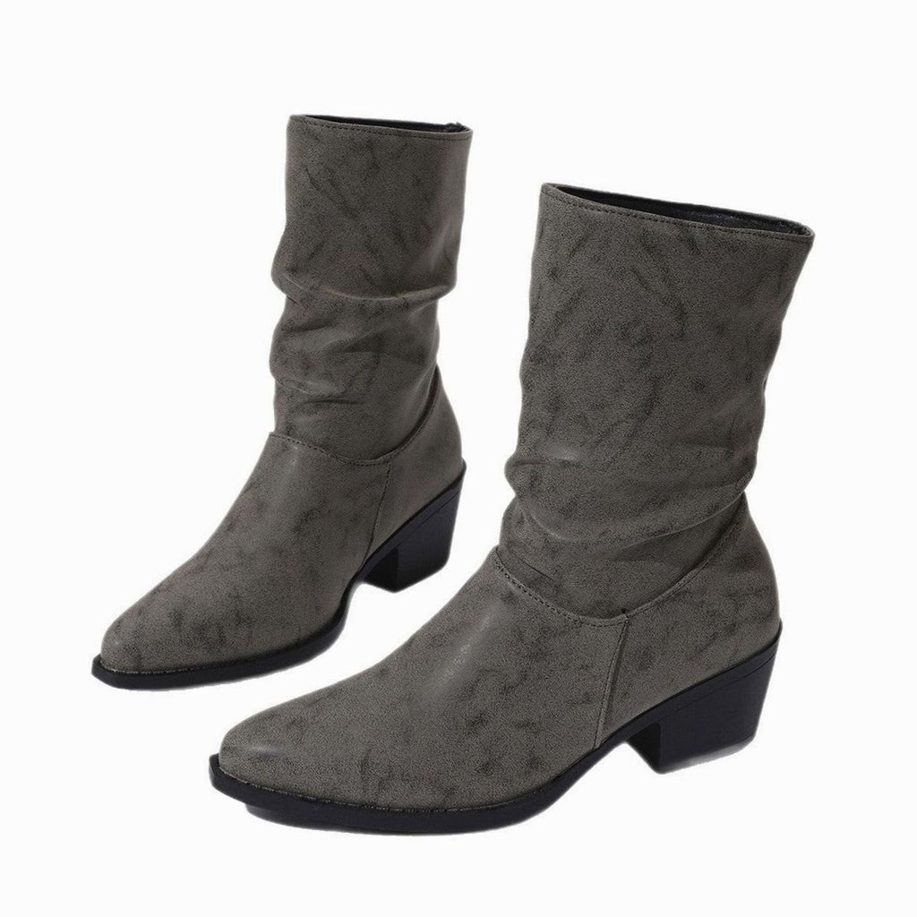 Women's slouchy western ankle boots with pointed toes, ruched shafts and low block heels