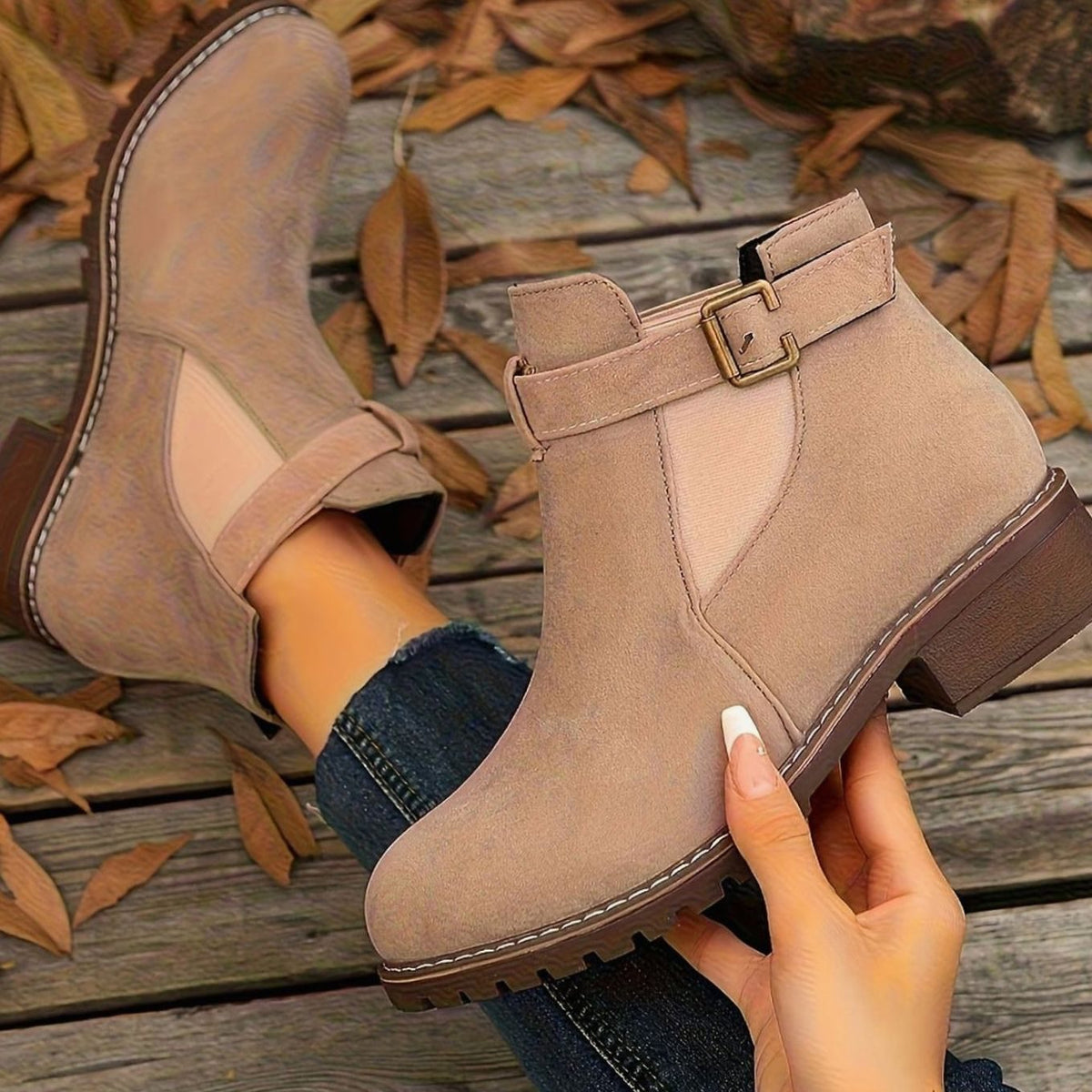 Women’s Suede-Look Buckle Strap Chelsea Ankle Boots