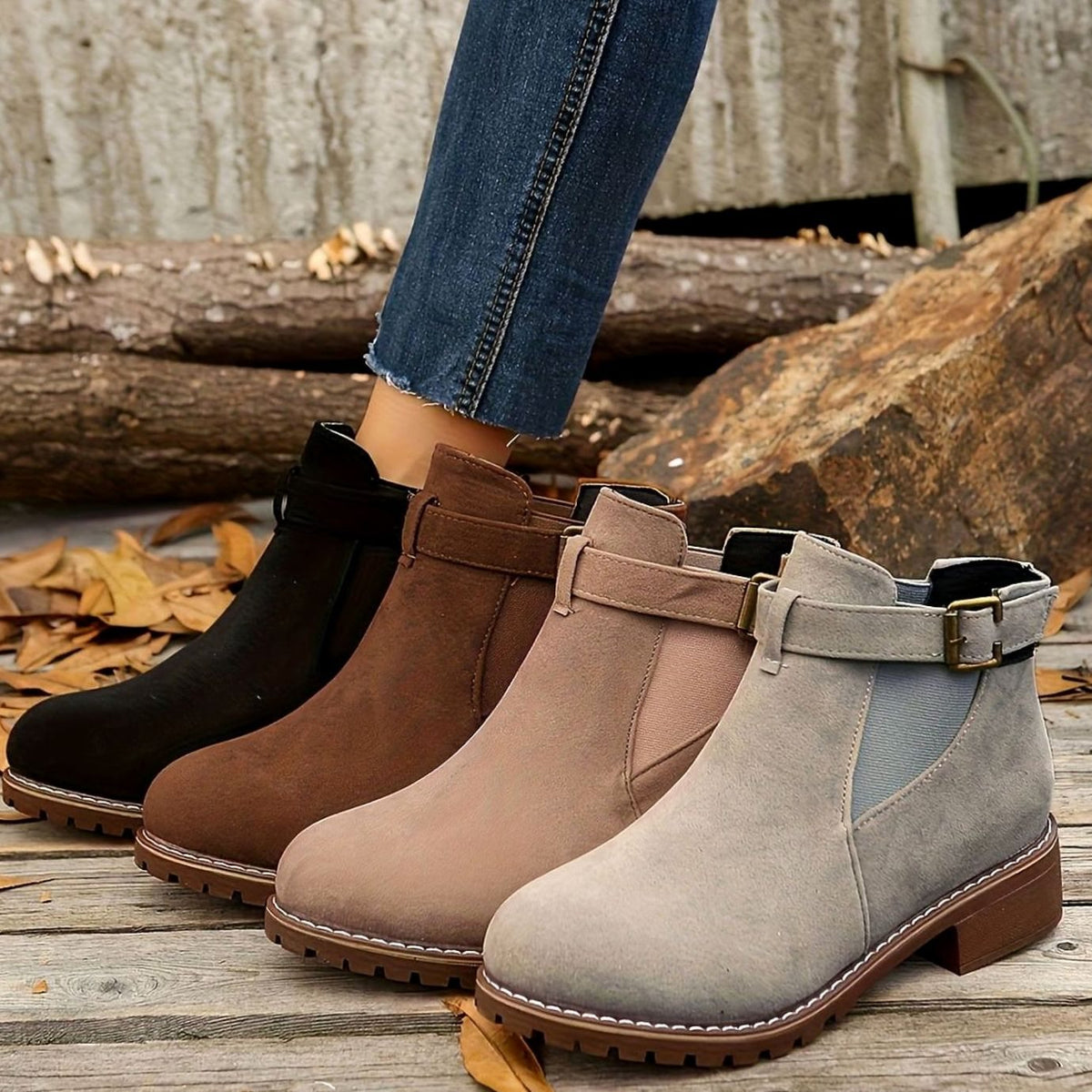 Women’s Suede-Look Buckle Strap Chelsea Ankle Boots