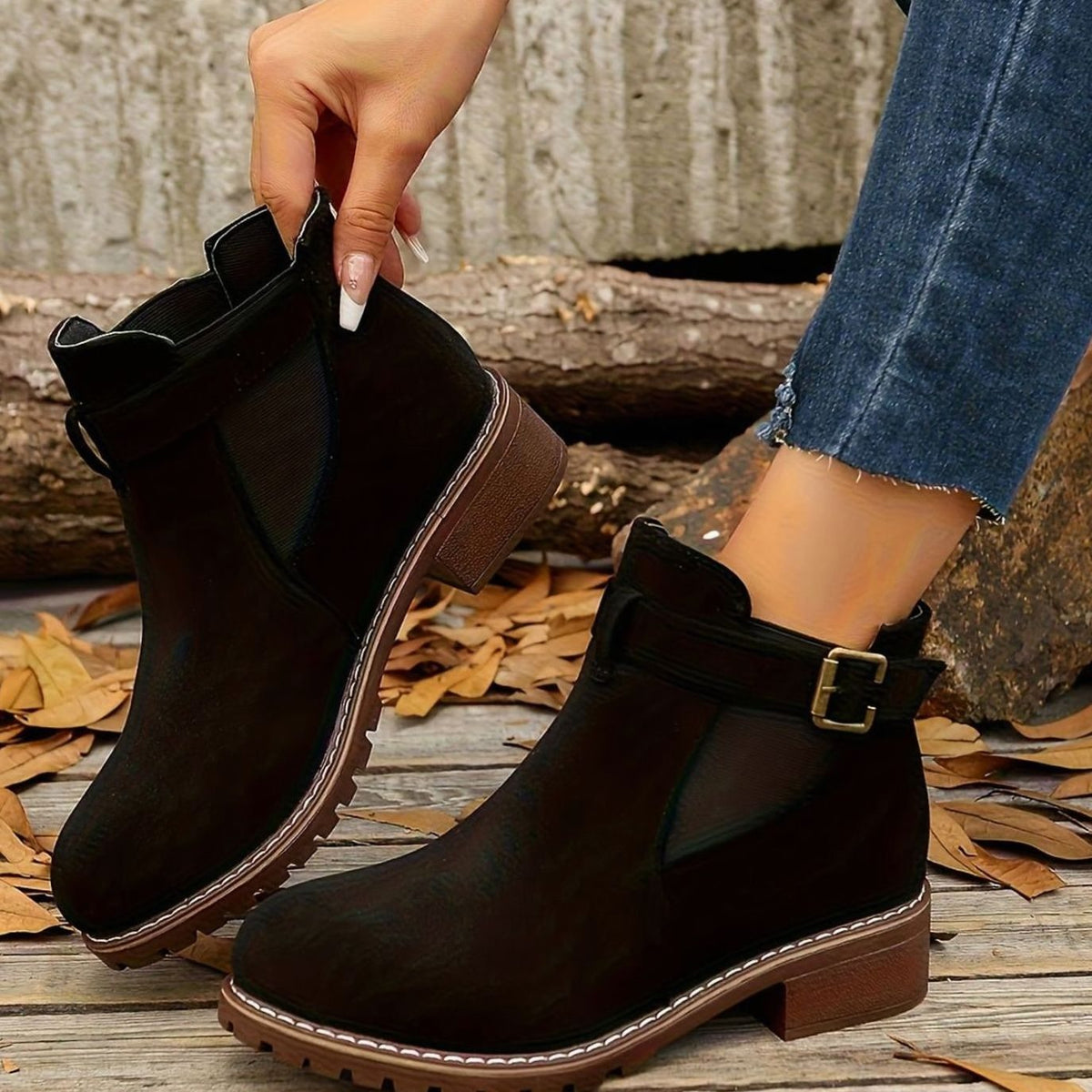Women’s Suede-Look Buckle Strap Chelsea Ankle Boots
