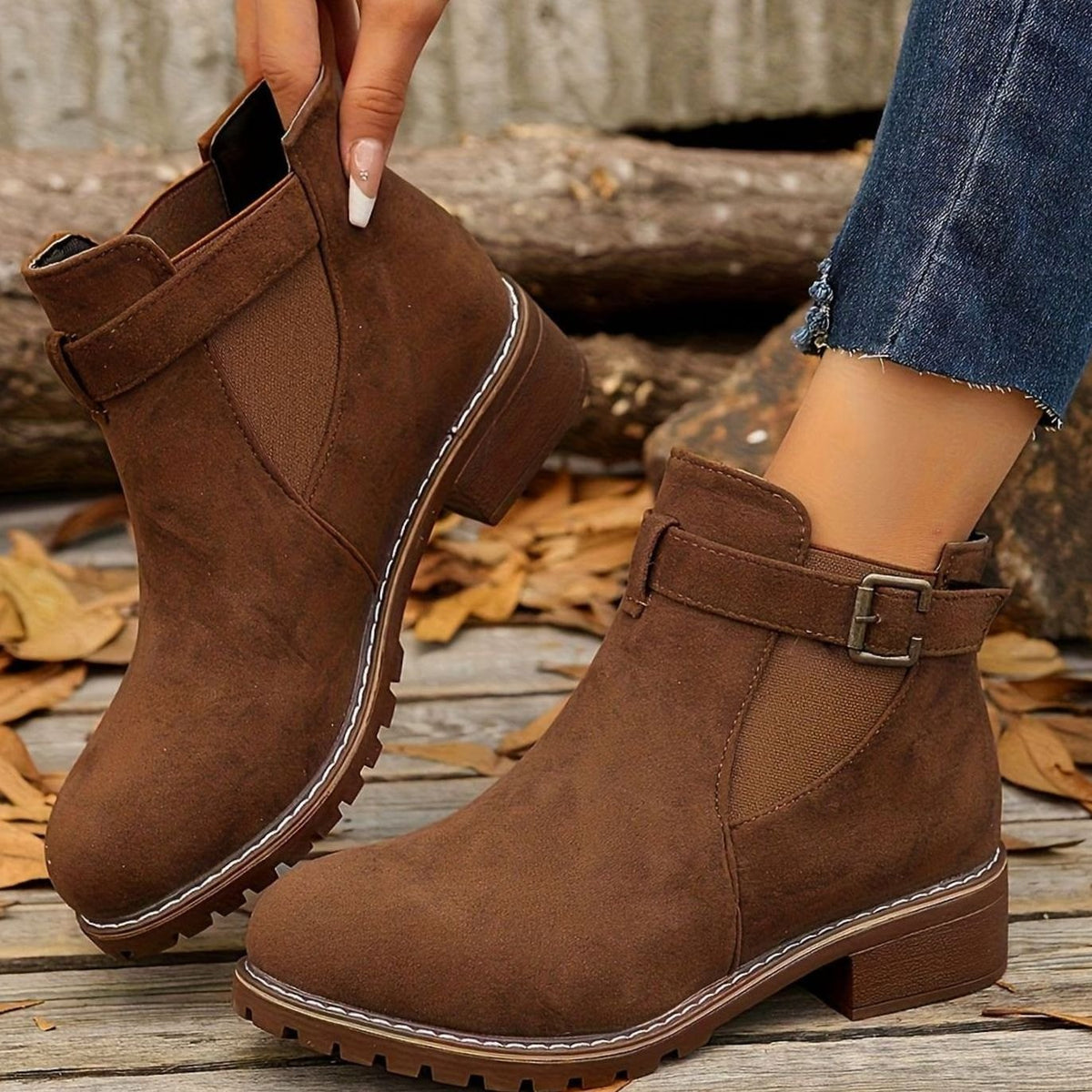 Women’s Suede-Look Buckle Strap Chelsea Ankle Boots