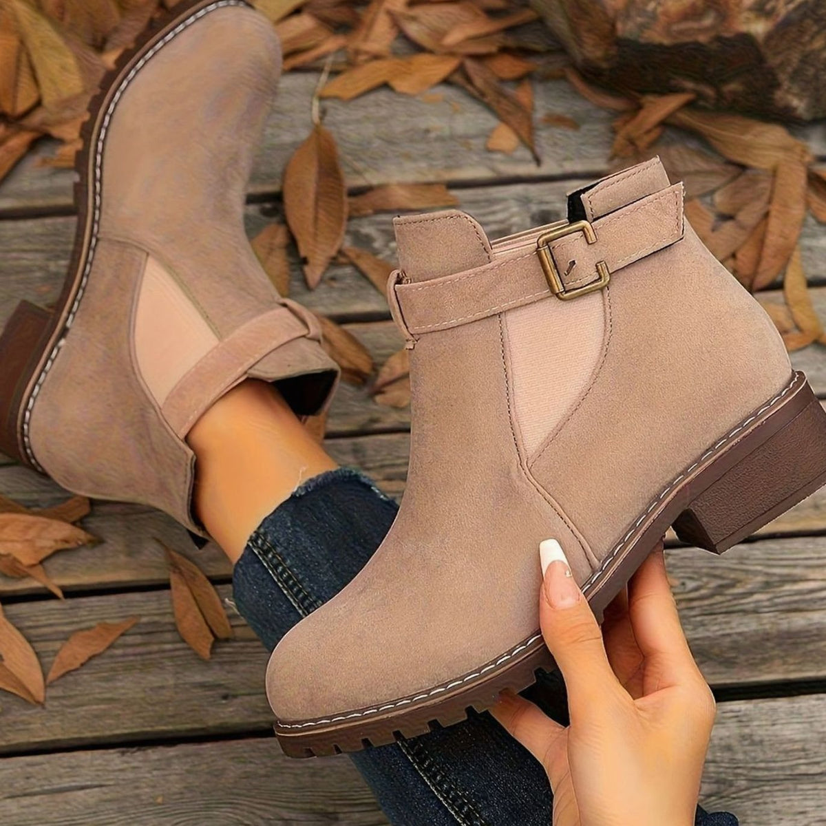 Women’s Suede-Look Buckle Strap Chelsea Ankle Boots