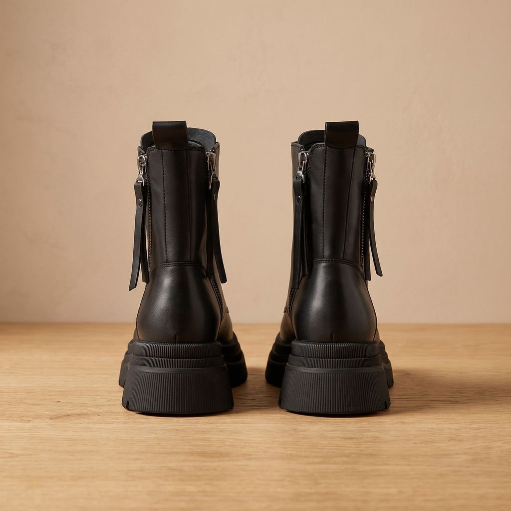 Women’s Leather-Look Lace-Up Platform Combat Boots with Side Zip