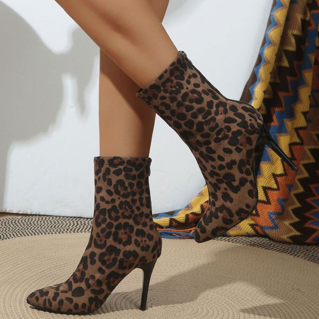 Women's brown and black leopard print pointed-toe ankle boots with high stiletto heels