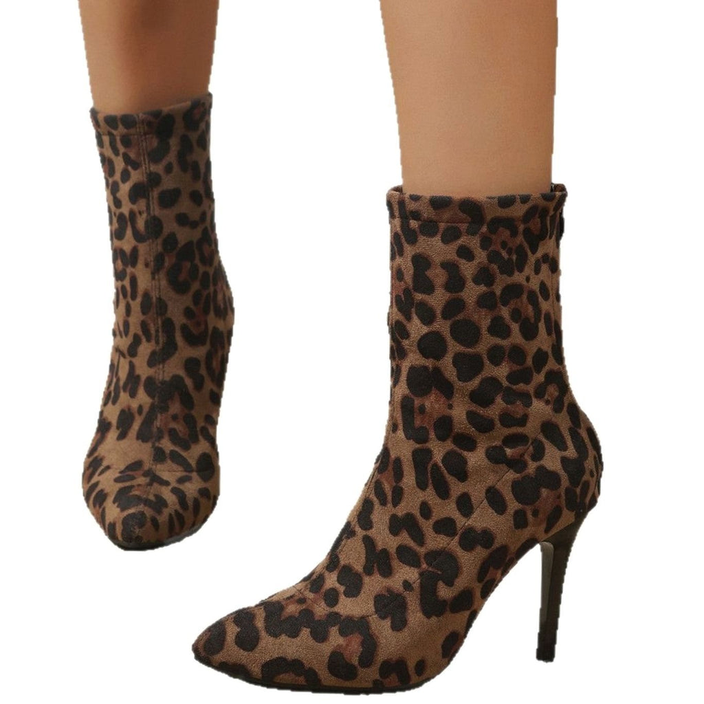 Women's brown and black leopard print pointed-toe ankle boots with high stiletto heels