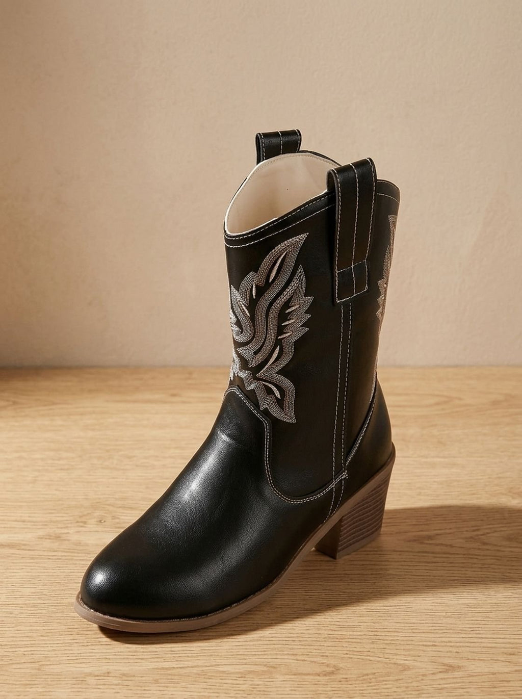 Women’s Embroidered Leather-Look Western Mid-Calf Cowboy Boots