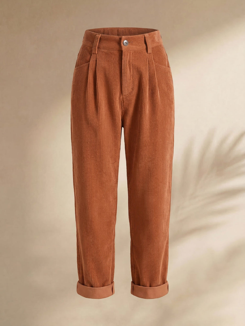 Women's high-waisted ribbed corduroy trousers with rolled cuffs