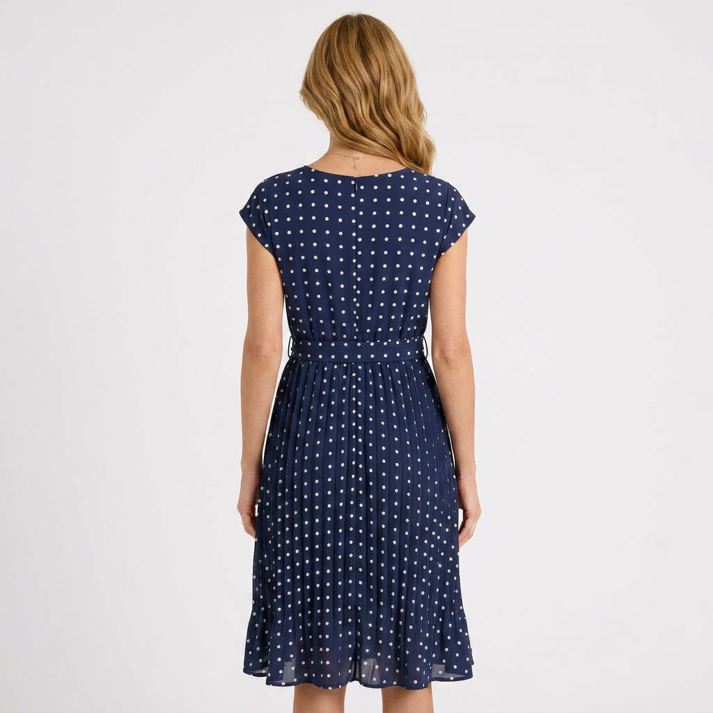 Polka Dot Midi Dress – Tie Waist Pleated Style