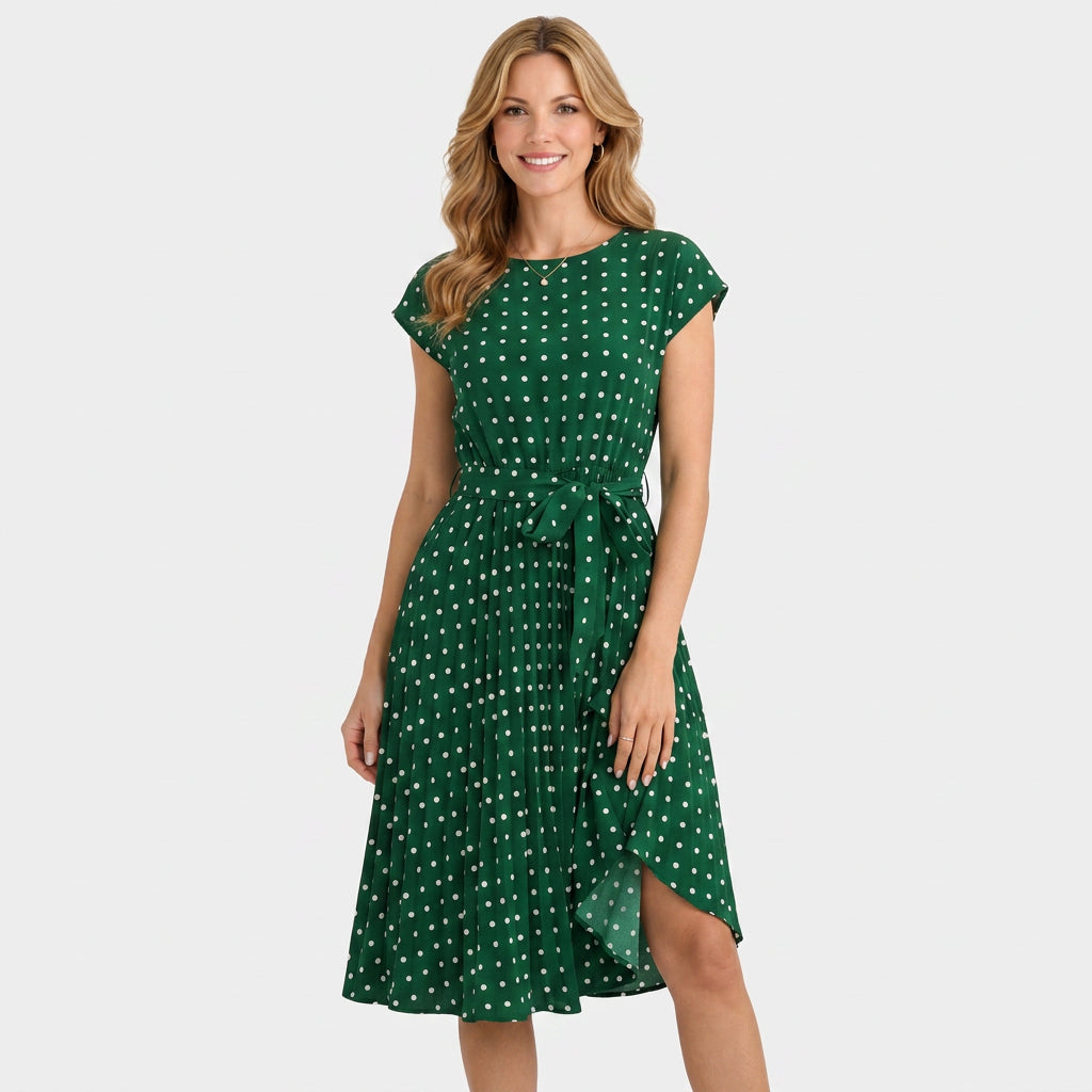 Polka Dot Midi Dress – Tie Waist Pleated Style