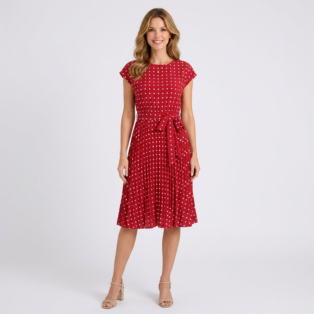Polka Dot Midi Dress – Tie Waist Pleated Style