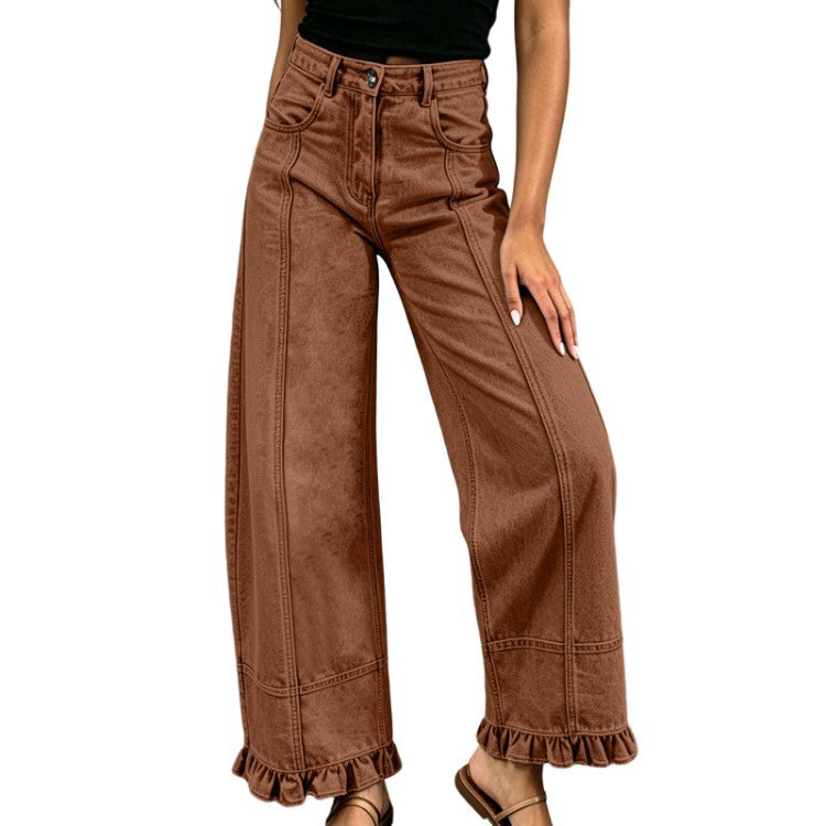 Women's Wide Leg Jeans with Ruffle Hem Detail