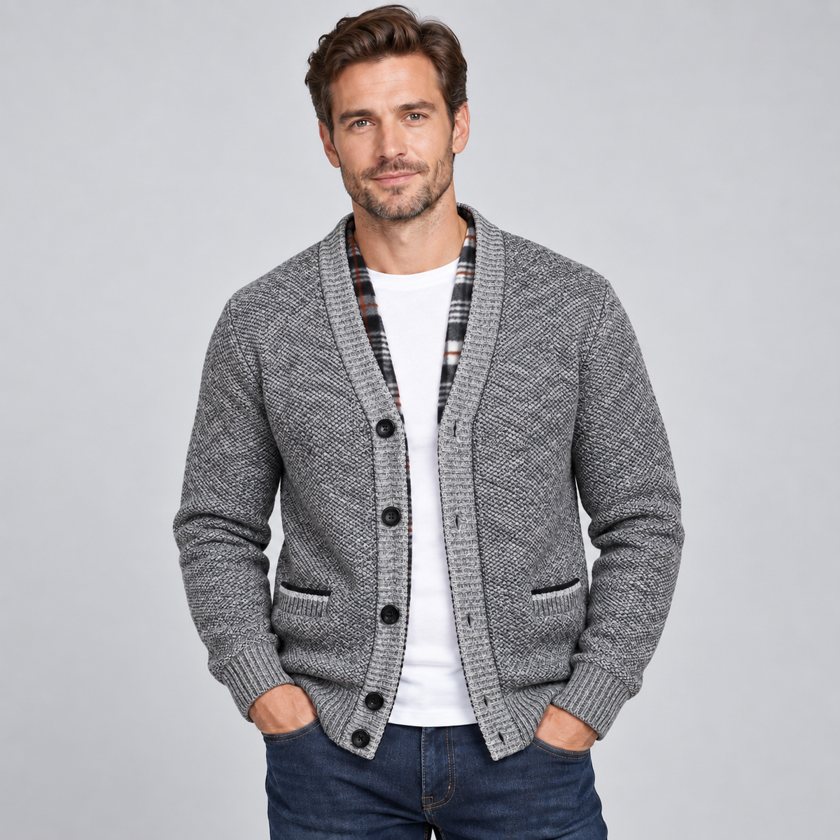 Men's Knit Shawl Collar Cardigan with Plaid Trim