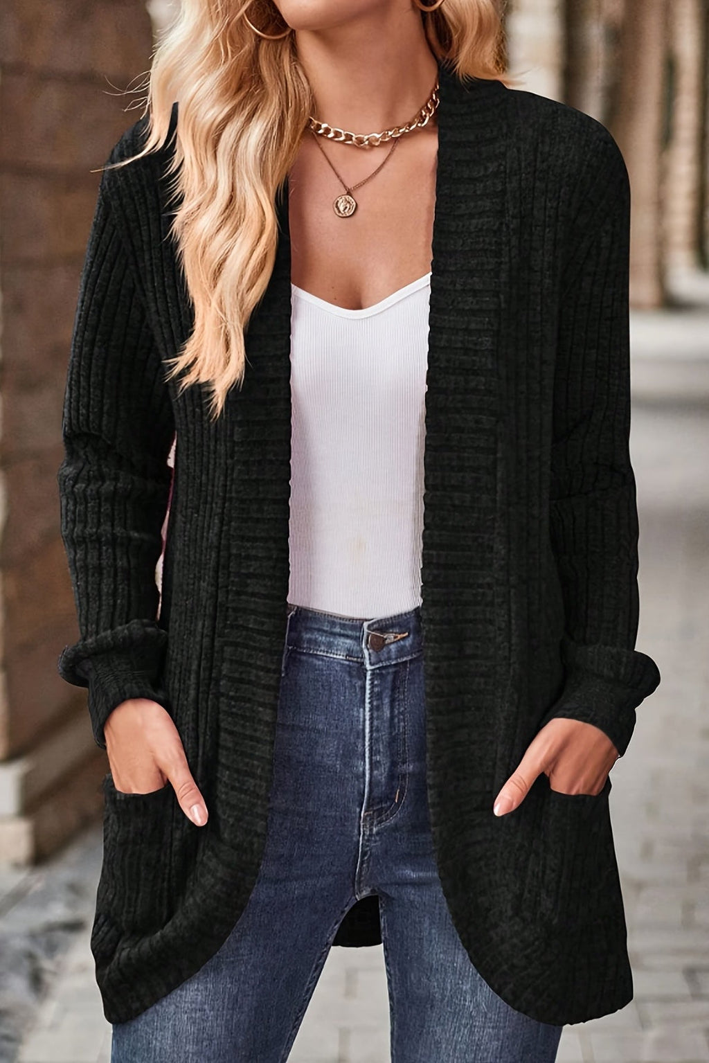 Women's Open Front Ribbed Knit Pocket Cardigan