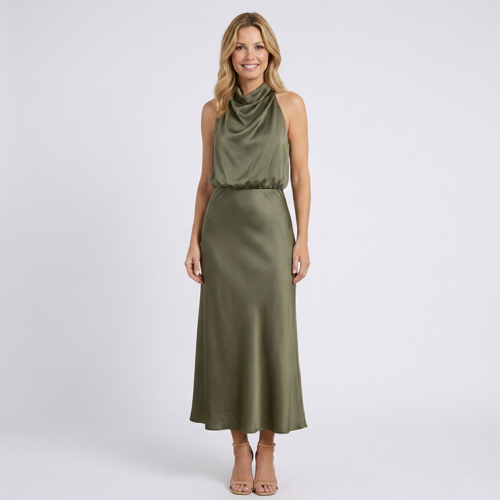 Halter Neck Midi Dress – Draped Satin Occasion Style