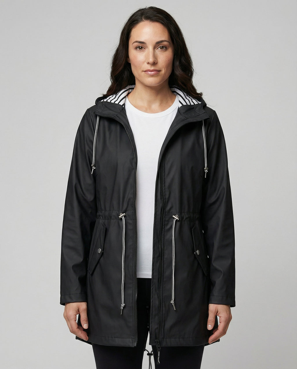 Imperméable à capuche rayé pour femme, doublé et à cordon de serrage
