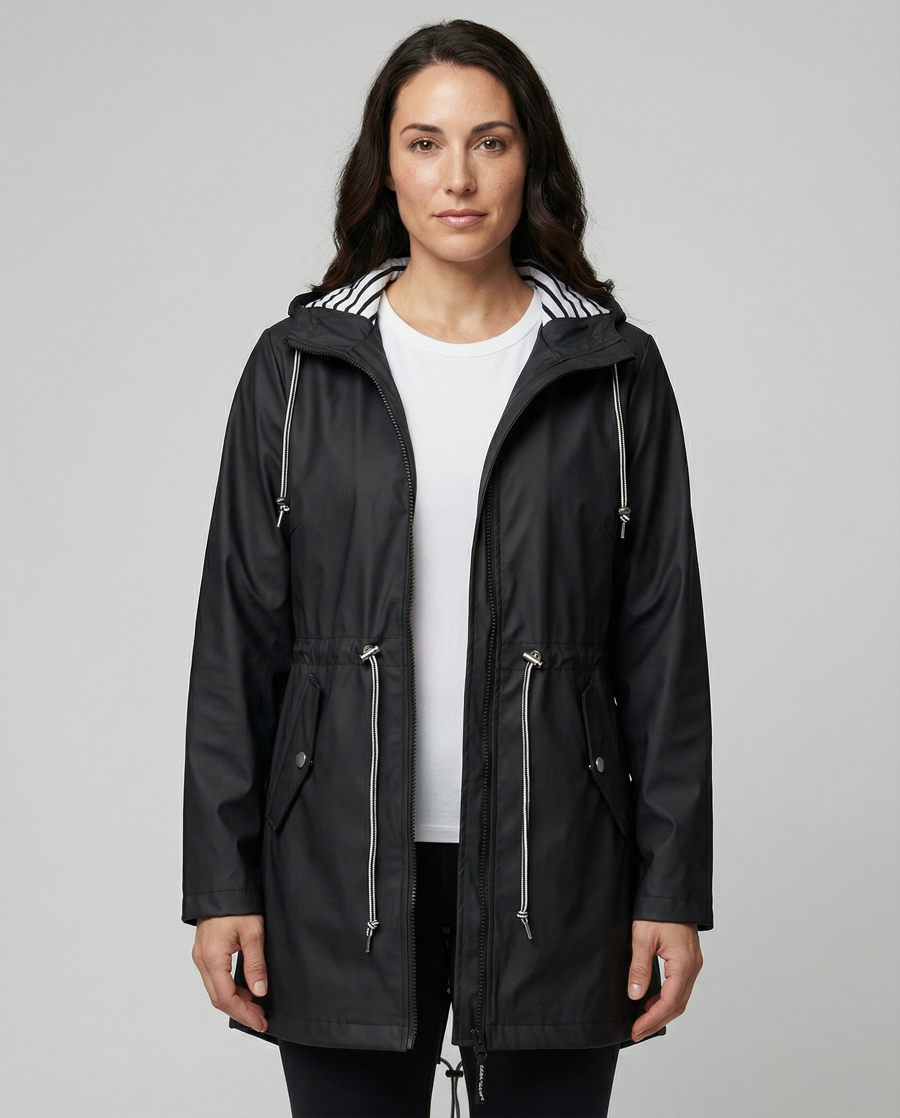 Imperméable à capuche rayé pour femme, doublé et à cordon de serrage