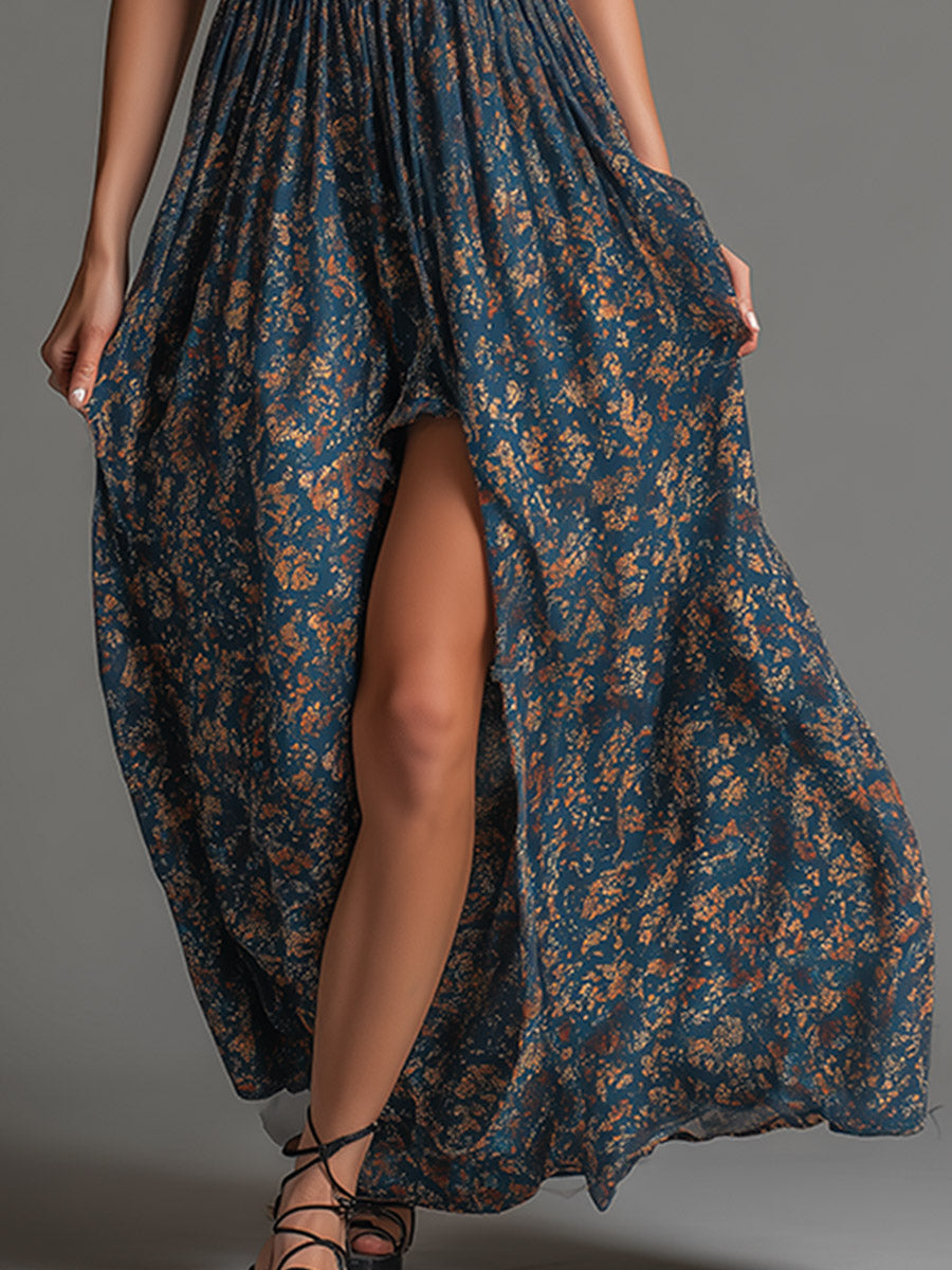 Boho Print Halter Neck Maxi Dress with Leg Slit
