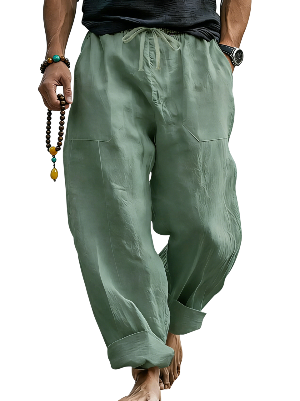 Loose Linen Blend Drawstring Trousers with Turn-Up Hem