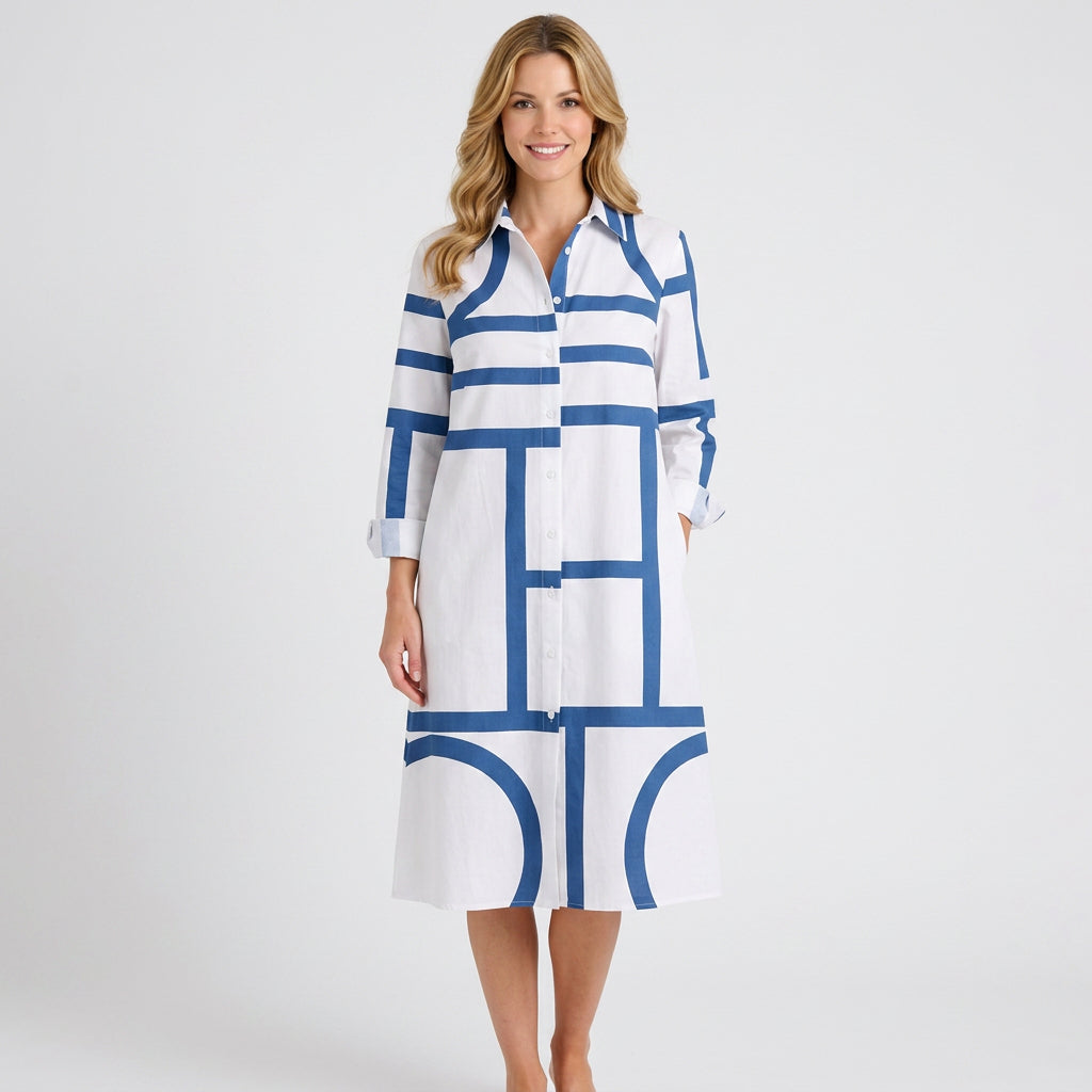Printed Midi Shirt Dress – Button Front Roll Sleeve Style