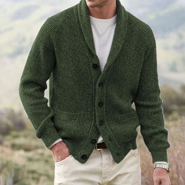 Men's textured knit cardigan with shawl neckline, buttons and patch pockets