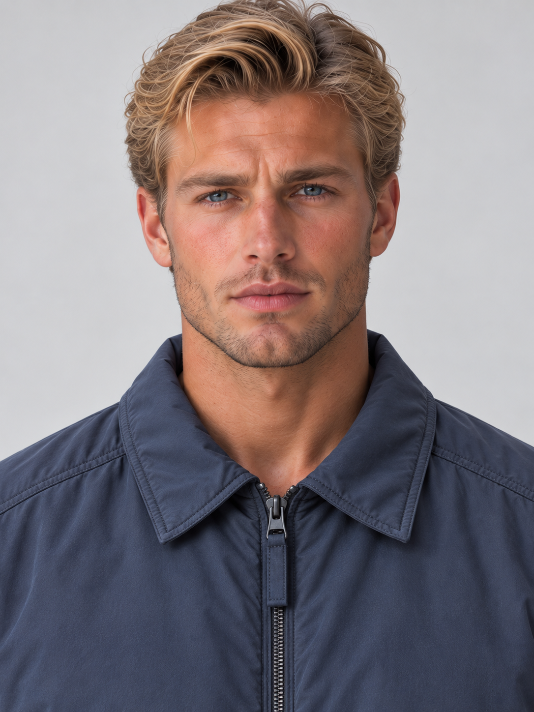 Men's padded collared bomber jacket with zip front and angled pockets