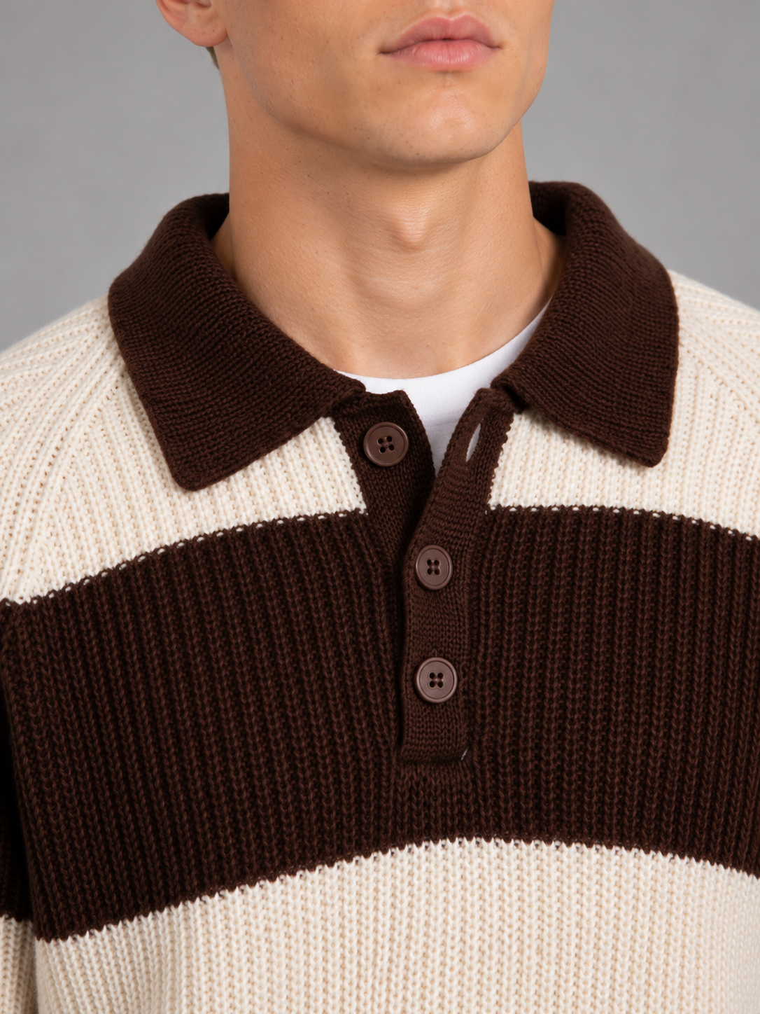 Men's brown and cream striped polo sweater with long sleeves and ribbed knit texture