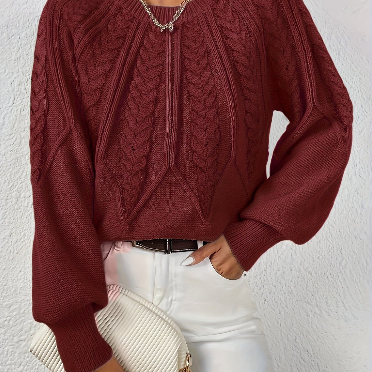 Women's Cable Knit Balloon Sleeve Cropped Jumper