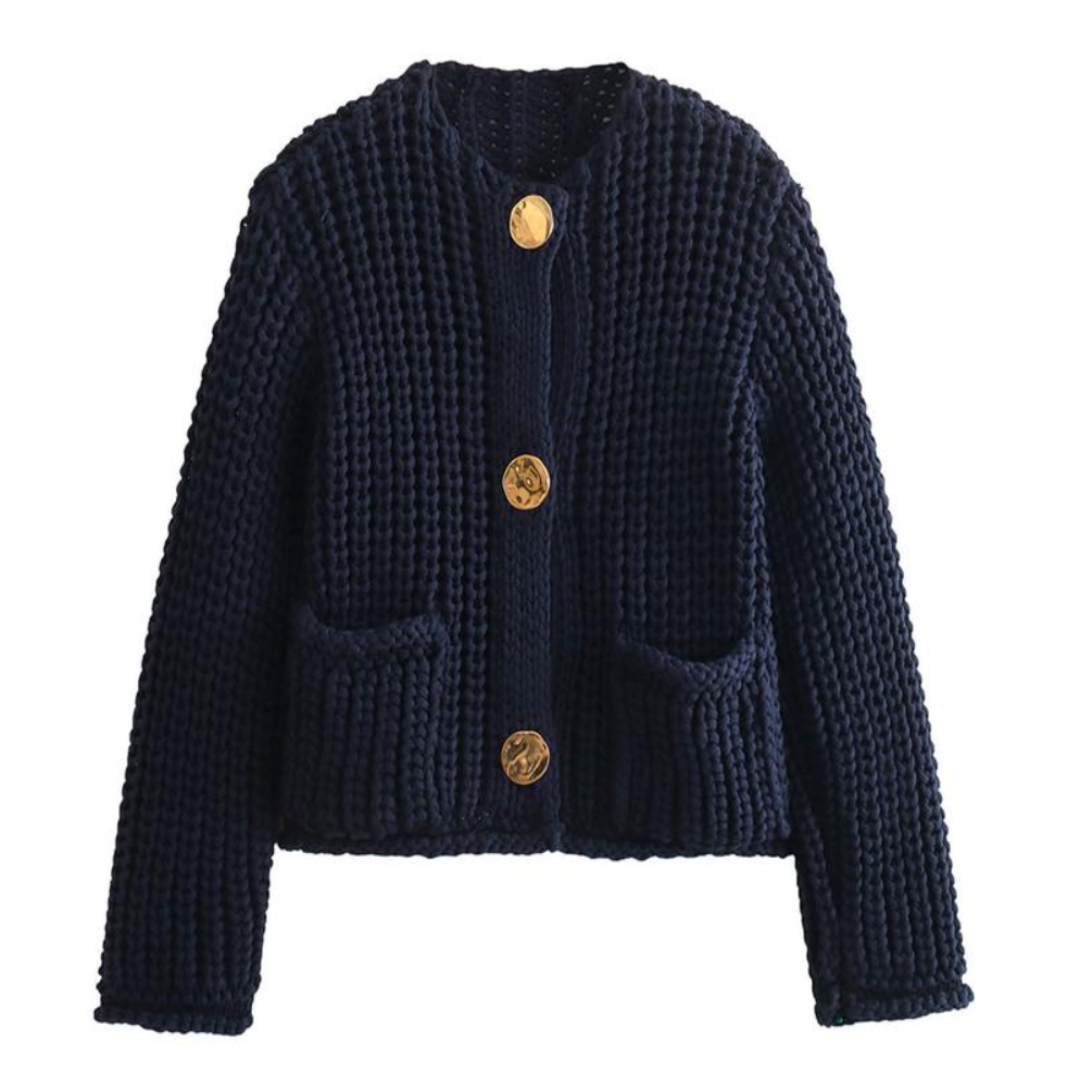 Women's chunky knit cropped cardigan with V-neck, buttons and front patch pockets