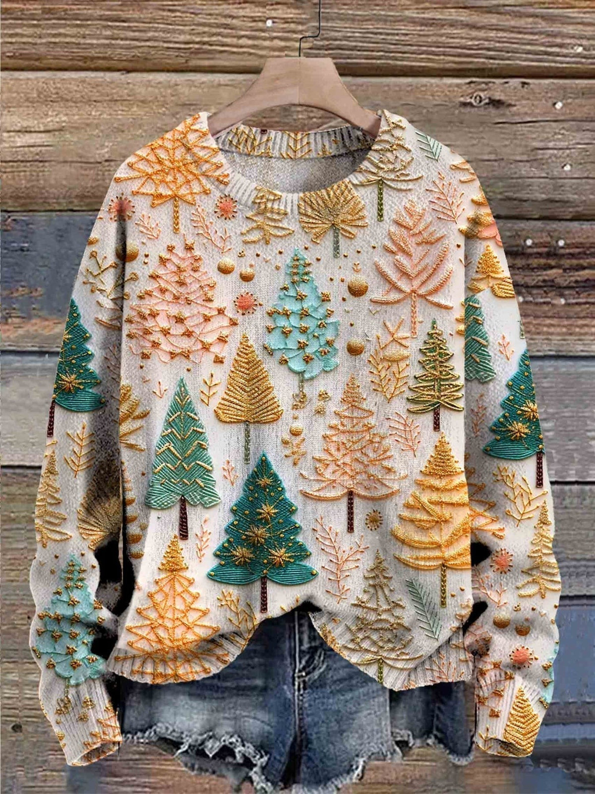 Women's crew neck sweater with a multicolor Christmas tree print and long sleeves